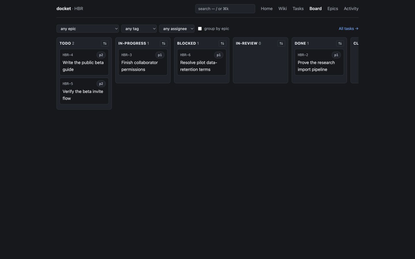 GitDocket board for the Harbor public beta, with tasks organized into todo, in-progress, blocked, review, and done columns